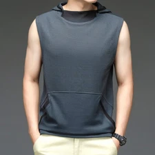Men Hooded Tops Vest Shirt Stretch T-shirts Sleeveless Sports Gym Training Basic