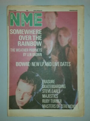 NME 28TH MARCH 1987 BOWIE THE WEATHER PROPHETS ERASURE SKATEBOARDING STEVE EARLE