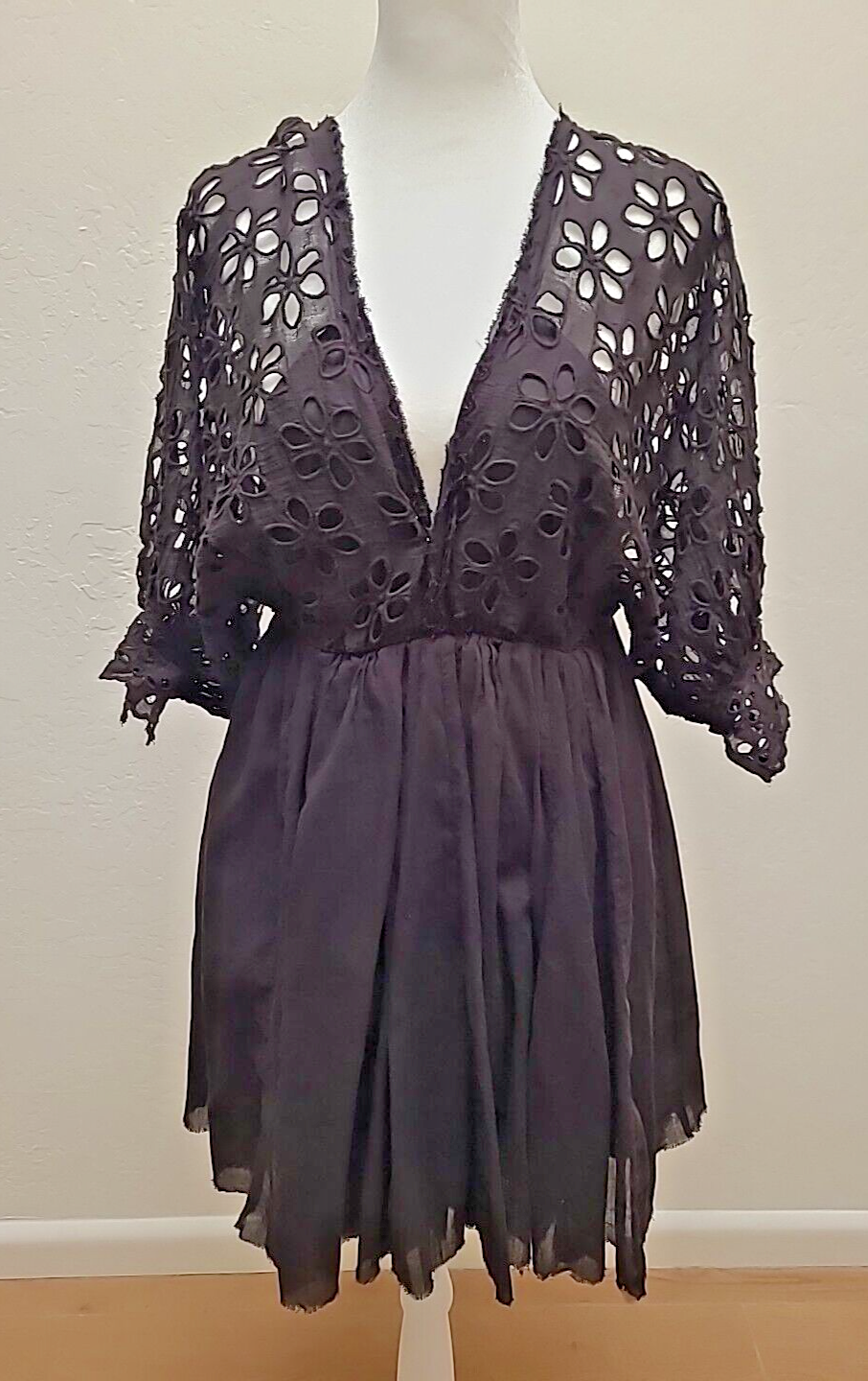 Free People Bella Note Black Eyelet Boho Mini Dress with Deep V Neck and Raw Edge  