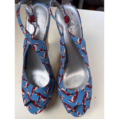 Audrey Brooke Tropical Bird Print Wedge Sandals Blue Espadrille Peep Toe 10