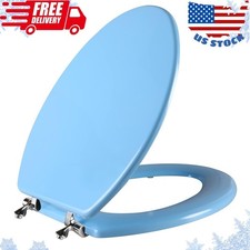Blue Elongated Toilet Seat Natural Wood Toilet Seat with Zinc Alloy Hinges