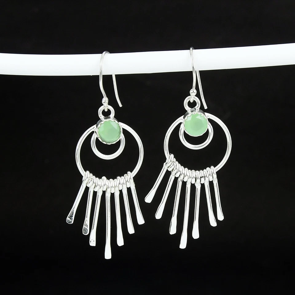 Verde Calcedonio Gemma Orecchini 925 Sterling Argento Per Regalo di Compleanno - Immagine 4 di 4
