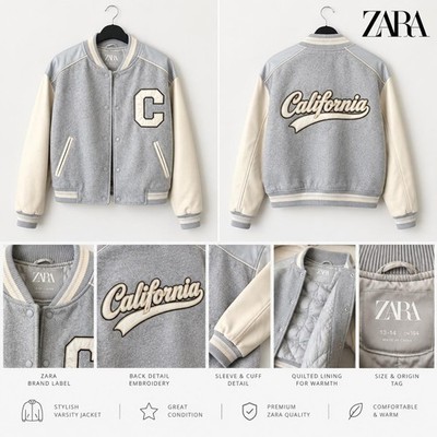 Zara Girls Varsity Bomber Jacket Gray & Cream ''California'' Size 13-14 years /164