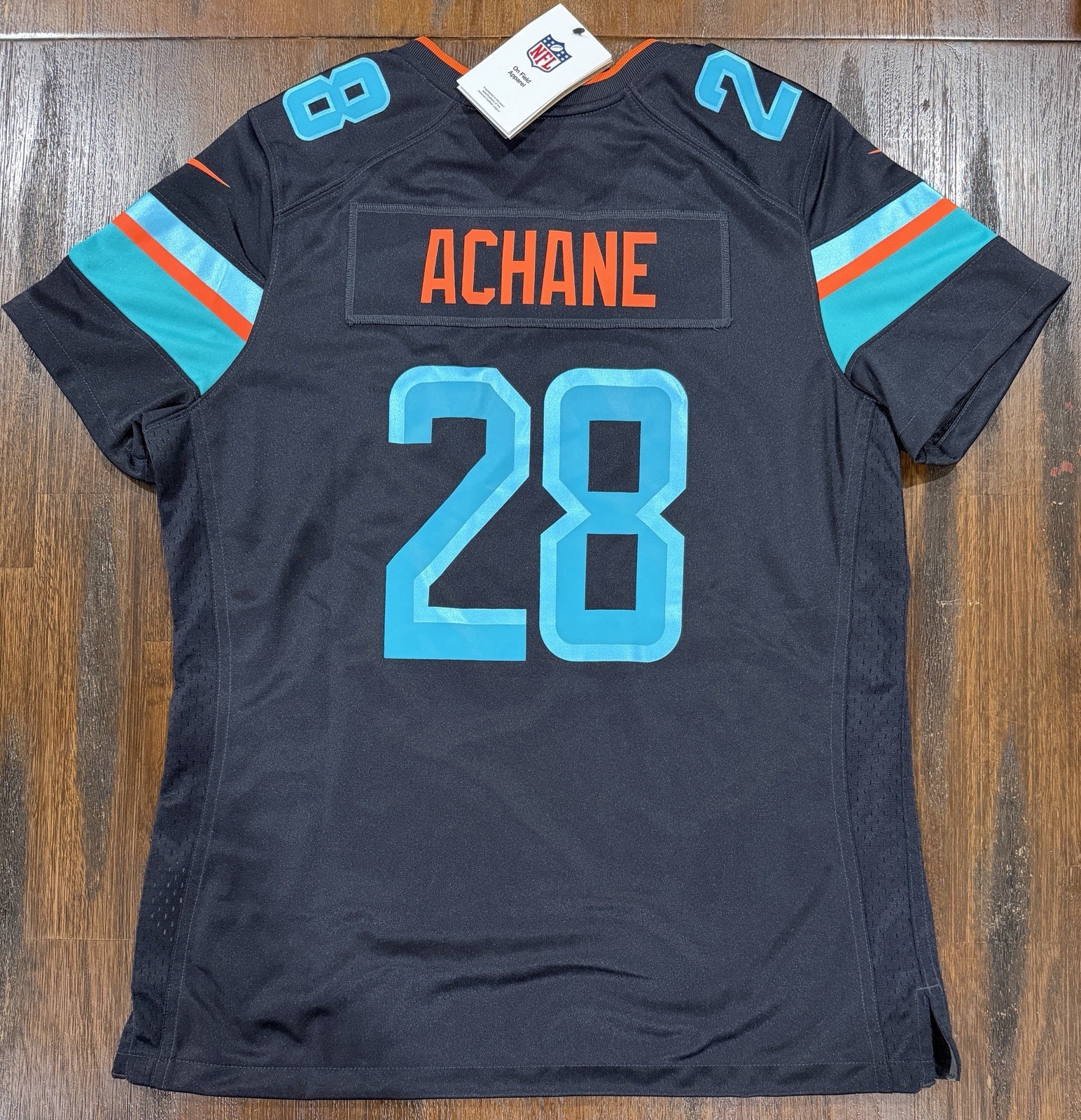 Womens L Nike De’Von Achane Pitch Blue Miami Dolphins 2025 Rivalries Game Jersey thumbnail 2