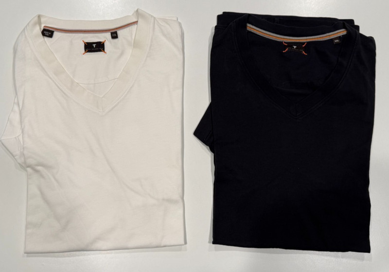 SET OF 2  LEFT COAST TEE SHIRTS XXL 100% PIMA COTTON V-NECK OFF WHITE & BLUE!!