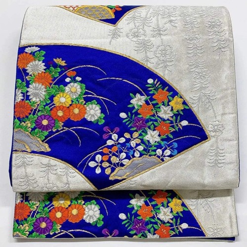 6034# Japanese Vintage Fukuro Obi Belt Kimono Fabric Silk Traditional Silver