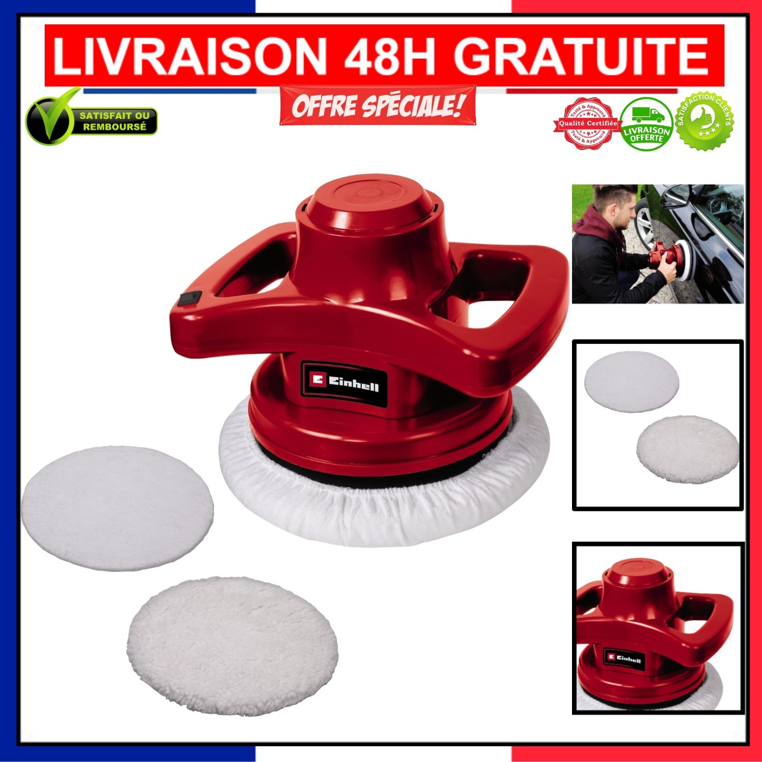 Polisseuse Einhell CC-PO 90 équipée d'un grand tampon de 240mm pour lustrage rapide