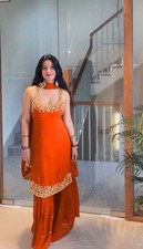 Latest New Orange Georgette Top Palazzo And Dupatta For Indian Party Wear