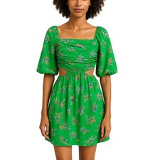 A New Day Dress Women s M Green Puff Sleeve Cutout Waist Floral Print Summer