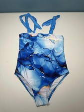 Blue Marble Pattern One-Piece Swimsuit with Tie Shoulder Straps