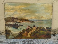 Antique Peinture Matériel Huile Sur Table Marine Cliff Avec Garçons cm.28 X 22