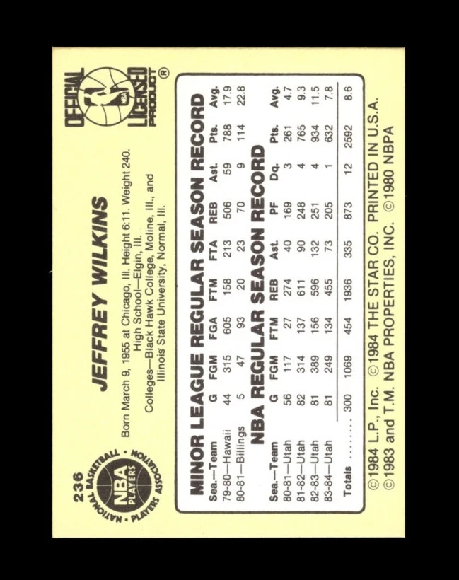 1984-85 Star Set-Break #236 Jeff Wilkins NM-MT OR BETTER *GMCARDS* - Image 2 of 2