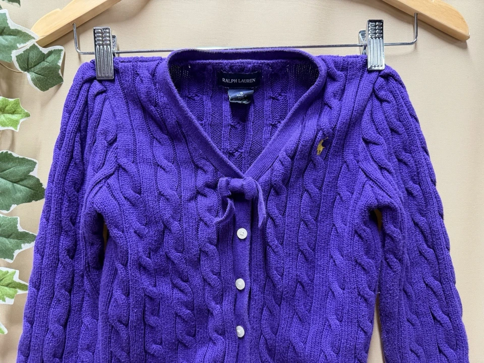 Ralph Lauren Purple Cable knit cardigan sweater with bow Girls sz 6 - Image 3 of 4
