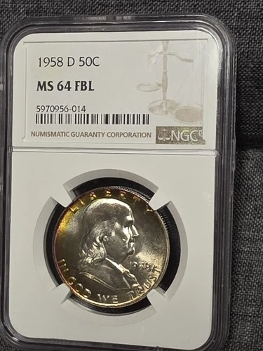 .99 CENTS 1958-D Franklin Half Dollar NGC MS 64 FBL NICE TONING NO RSV  ¡¡L@@K!!