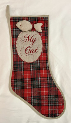 Quilted Red Plaid MY CAT Pet Christmas Stocking 20'' Kitty 3D Fish Khaki Holiday