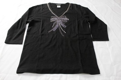Get Lucky USA Women's Embellished Long Sleeve Bow Tie T-Shirt LB3 Black Medium