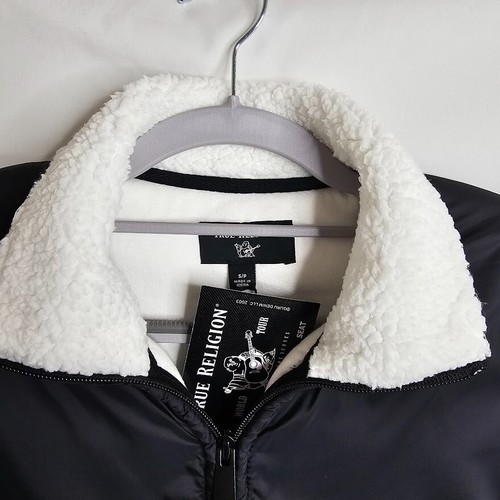 NWT TRUE RELIGION Colorblock Sherpa Logo Jacket Coat WHITE & BLACK size S Fleece - Picture 9 of 12