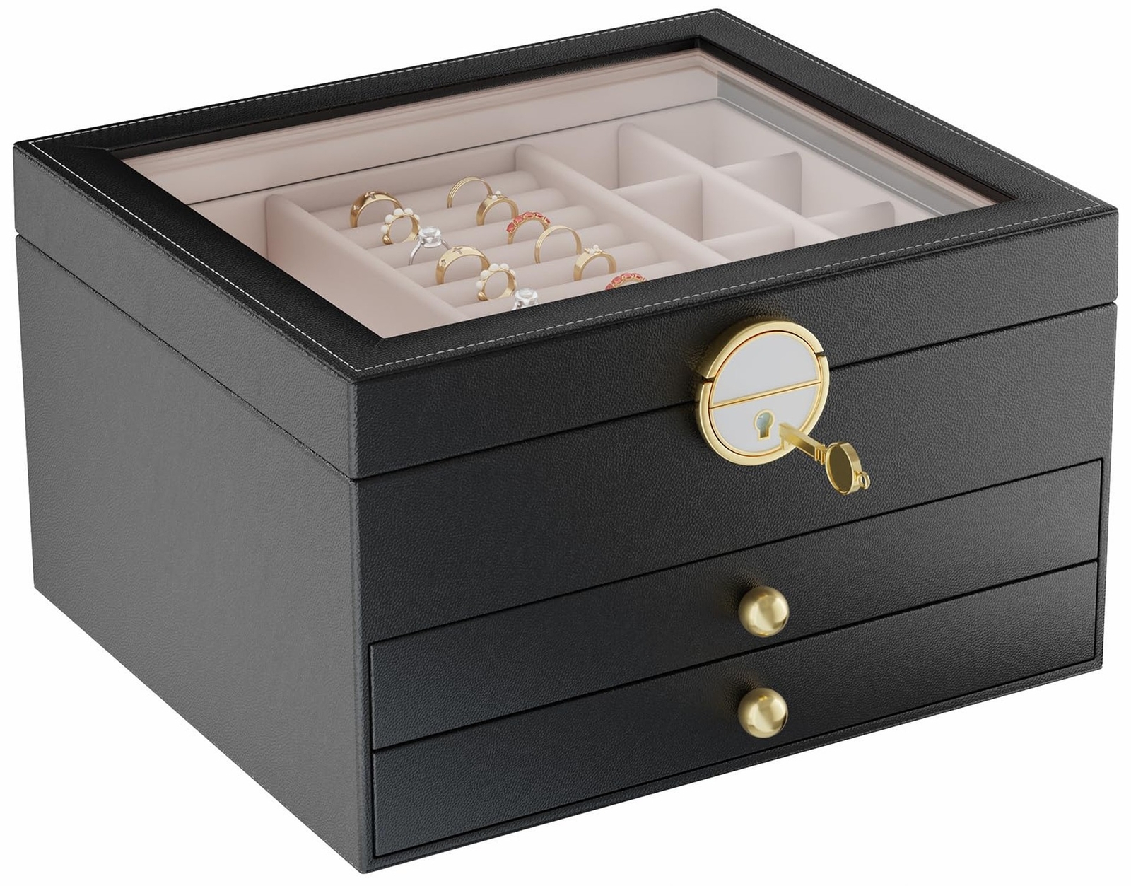 Jewelry Box with Glass Lid, 3-Layer Jewelry Organizer with 2 Drawers for Earr...