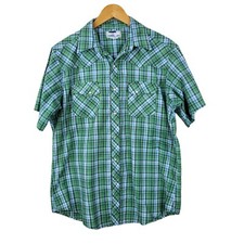 Vintage Plaid Shirt Mens size Medium Large Pearl Snap Green Lightweight Cowboy