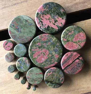 PAIR Unakite Organic Stone Plugs Gauges - 3mm (8g) up to 38mm (1.5'') available! 