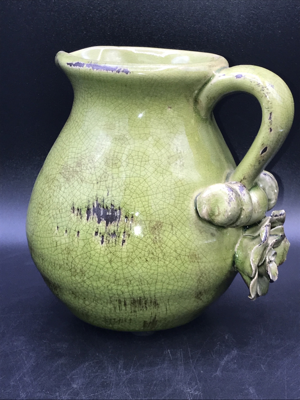 Green Ceramic Pitcher Hobby Lobby with 3D rose, heavy. Farmhouse decor