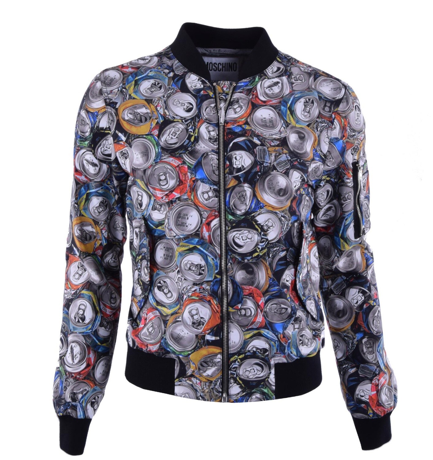 MOSCHINO COUTURE Nylon Bomber Jacket Beverage Cans Print Gray Black 46 US 36 S