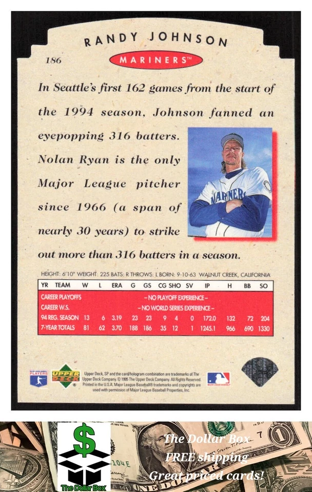 1995 SP Championship Die Cuts #186 Randy Johnson - Seattle Mariners - Image 2 of 2