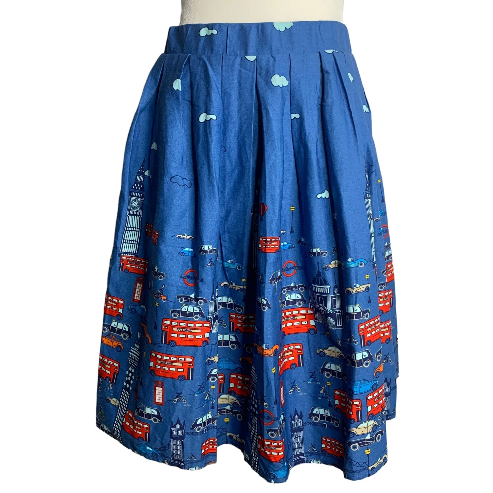 Retro London Pleated Swing Skirt S Blue Elastic Waist Pockets Knee Length Pinup