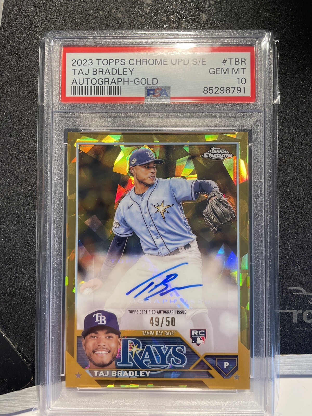 2023 Topps Chrome Update Sapphire Taj Bradley Auto Gold Rookie #49/50 PSA 10