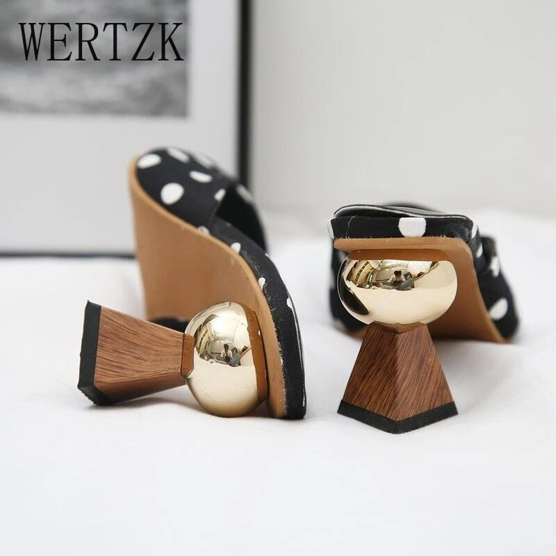 High Heel Slippers PointedToe Shoes Woman Mules Shoes Black White Dot Metal Heel - Image 4 of 4