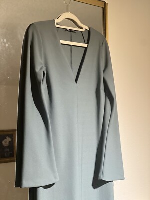Zara Flared Sleeve Lagenlook Midi Dress Sz S Green V Neck Stretch Back Slit  Boho | eBay