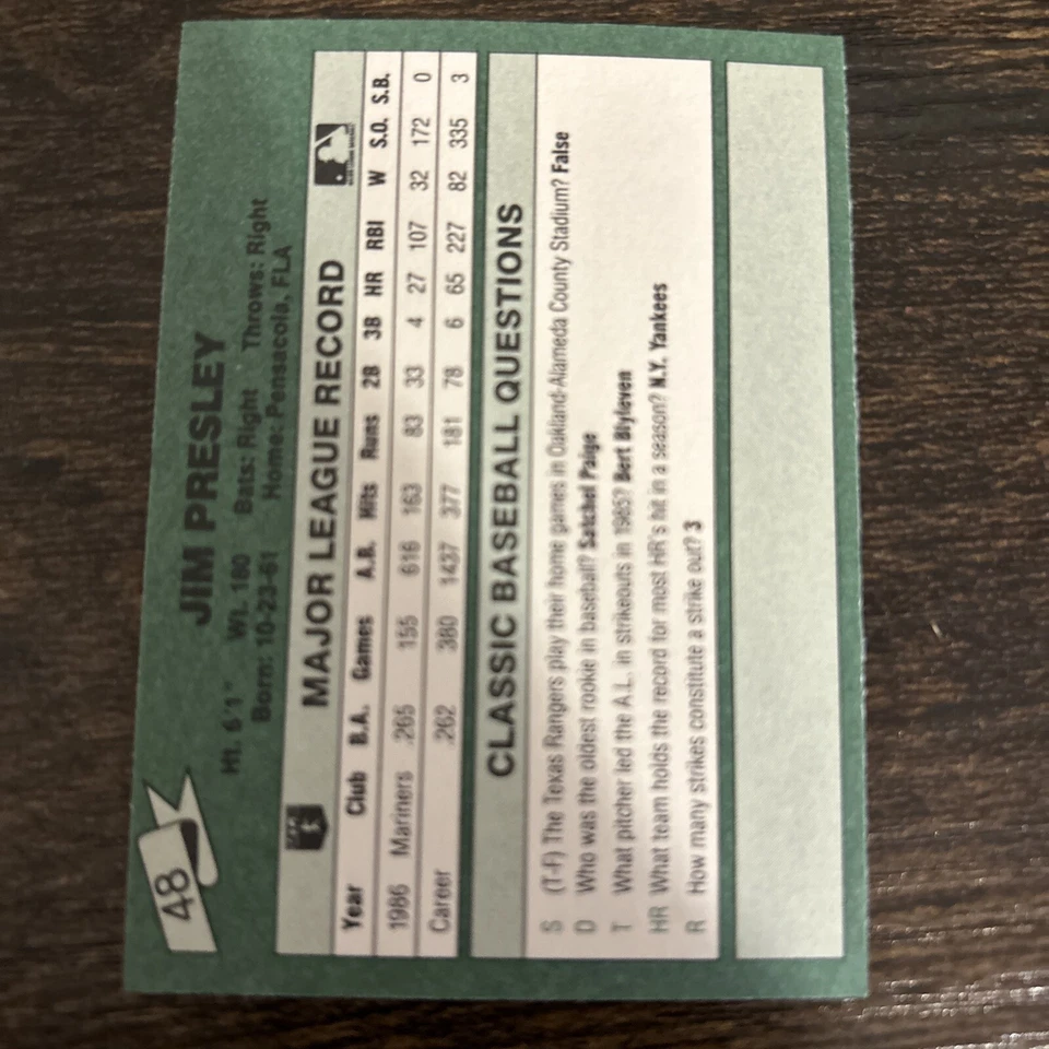 1987 Classic Green #48 Jim Presley Seattle Mariners - Image 4 of 4