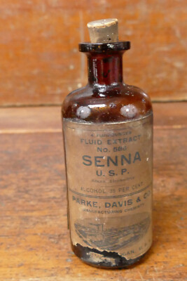 Antique Parke Davis Co Senna U.S.P. Paper Label 4oz Medicine Apothecary Bottle