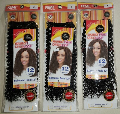 (Lot of 3)  FEMI 12'' Bohemian Braid Color 2x2, 1x4 MAMBO TWIN OPEN LOOP CROCHET 
