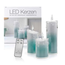 LED Acryl Glitzer Kerze Türkis 3er Set "Liza" Deko Candle 13 18 24 CM Timer 