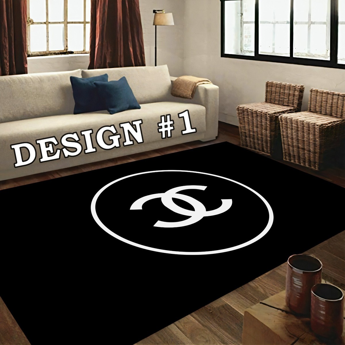black and white chanel rug