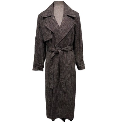 Banana Republic Long Black Dress Coat Belted Wrap XL Wool Blend Tweed Trench