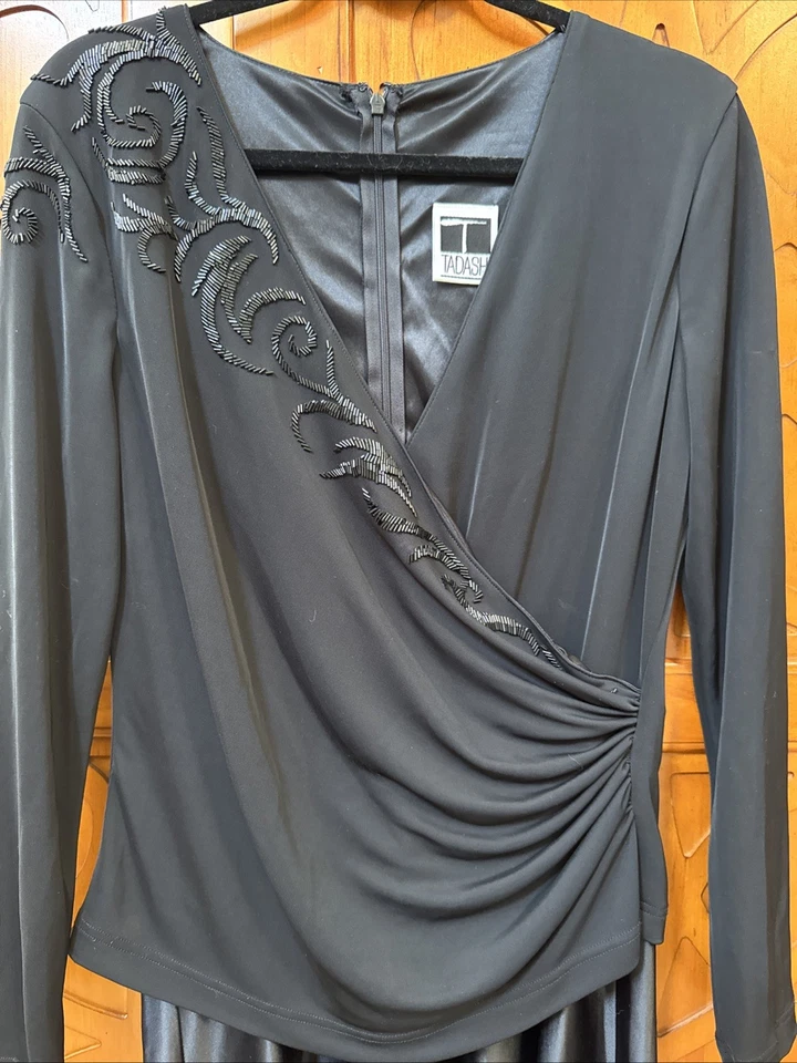 Vestido de Colección Tadashi Shoji Negro Satén Transparente Manga Larga Talla 14 Foto 2 de 4