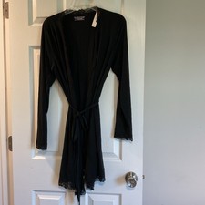 Victoria's Secret Black Lace Trim Wrap Robe M /L Soft Jersey Knit Belted Lounge