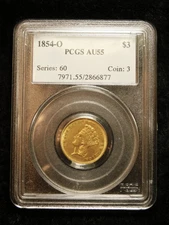 1854-O $3 Princess Head Three Dollar Gold - PCGS AU55