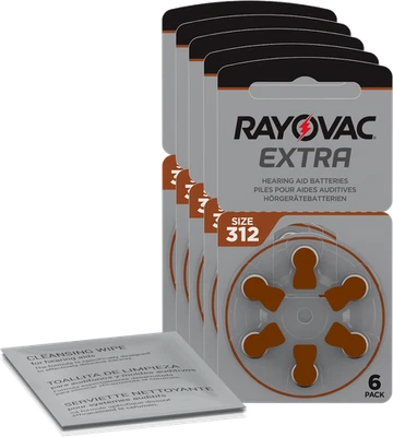 30 piles auditives Rayovac Extra Advanced marron 312 (5 x 6) + chiffon de net... - Photo 1/4