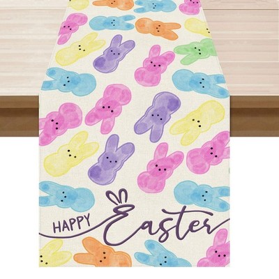 Colorful Watercolor Cute Bunny Rabbit Easter Table Runner Decor 13x72 Inch