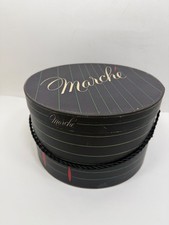 Vintage Marche Round Cardboard Hat Box Black Pinstripe Storage Case Cord Handle