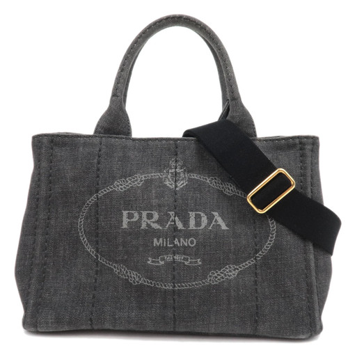 PRADA Canapa Mini 2Way Denim Tote Bag Black Gold HDW 1BG439 Authentic