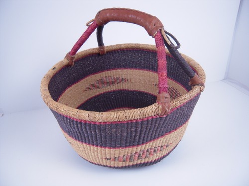 Large Woven African Bolga Ghana Market Basket Leather Handle