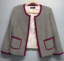 Nine West Houndstooth Blazer/Jacket - Fuchsia Trim Open Front/Pockets - Size 8