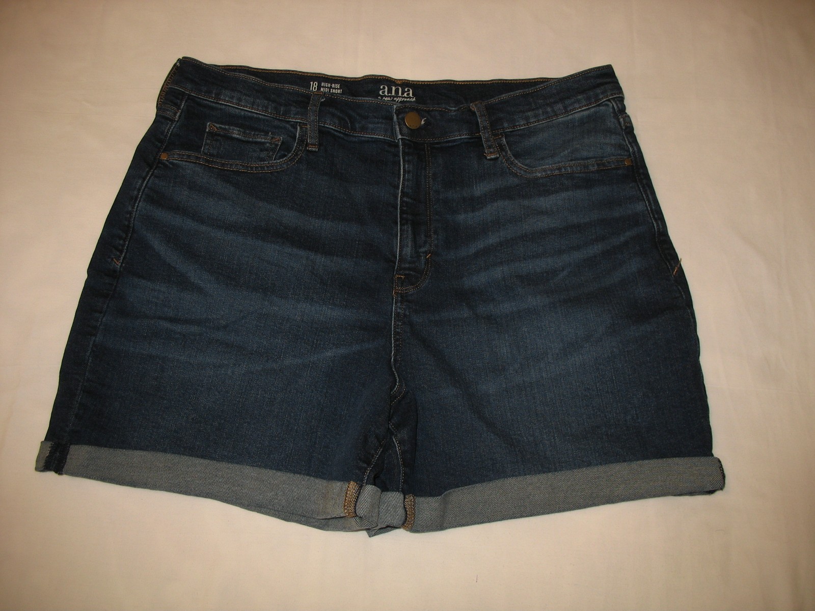 Ana High Rise Blue Jean Shorts Sz 18 Midi Short Dark Cuffed Denim Womens