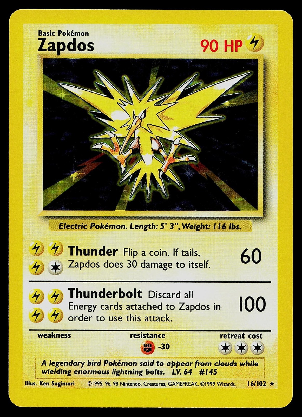 Pokemon Card - Zapdos Base Set Unlimited 16/102 Holo Holo Rare