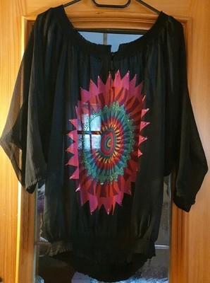 *Desigual* Tunika in bunt schwarz Gr. XL 3/4 Arm transparent