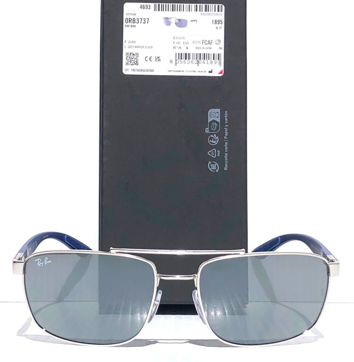 Ray-Ban Silver Frame Sunglasses with Blue Mirrored Lenses and Case Ray Ban Silver & Blue Frame Grey Silver Mirror Lens Sunglass  main image 2